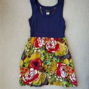 Anthropologie Fei Floral Dress XS Navy Knit Bodice Pocket Skirt